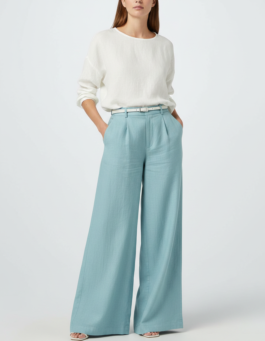 Pantalon Japonais Bleu Ciel Lin Ample Fluide Femme