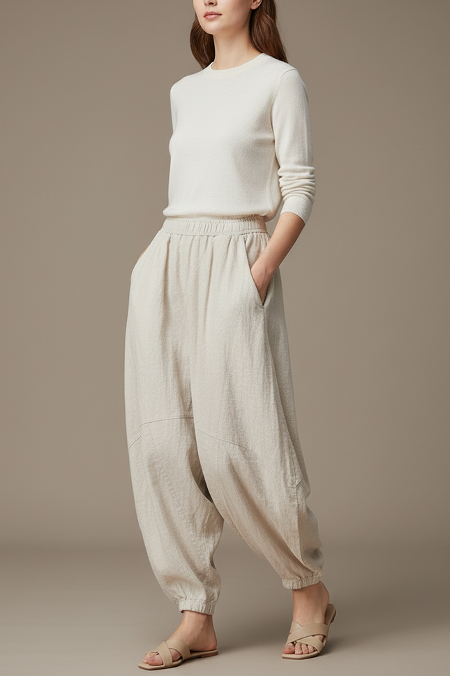 Pantalon Japonais Beige Ample Lin Décontracté Fluide