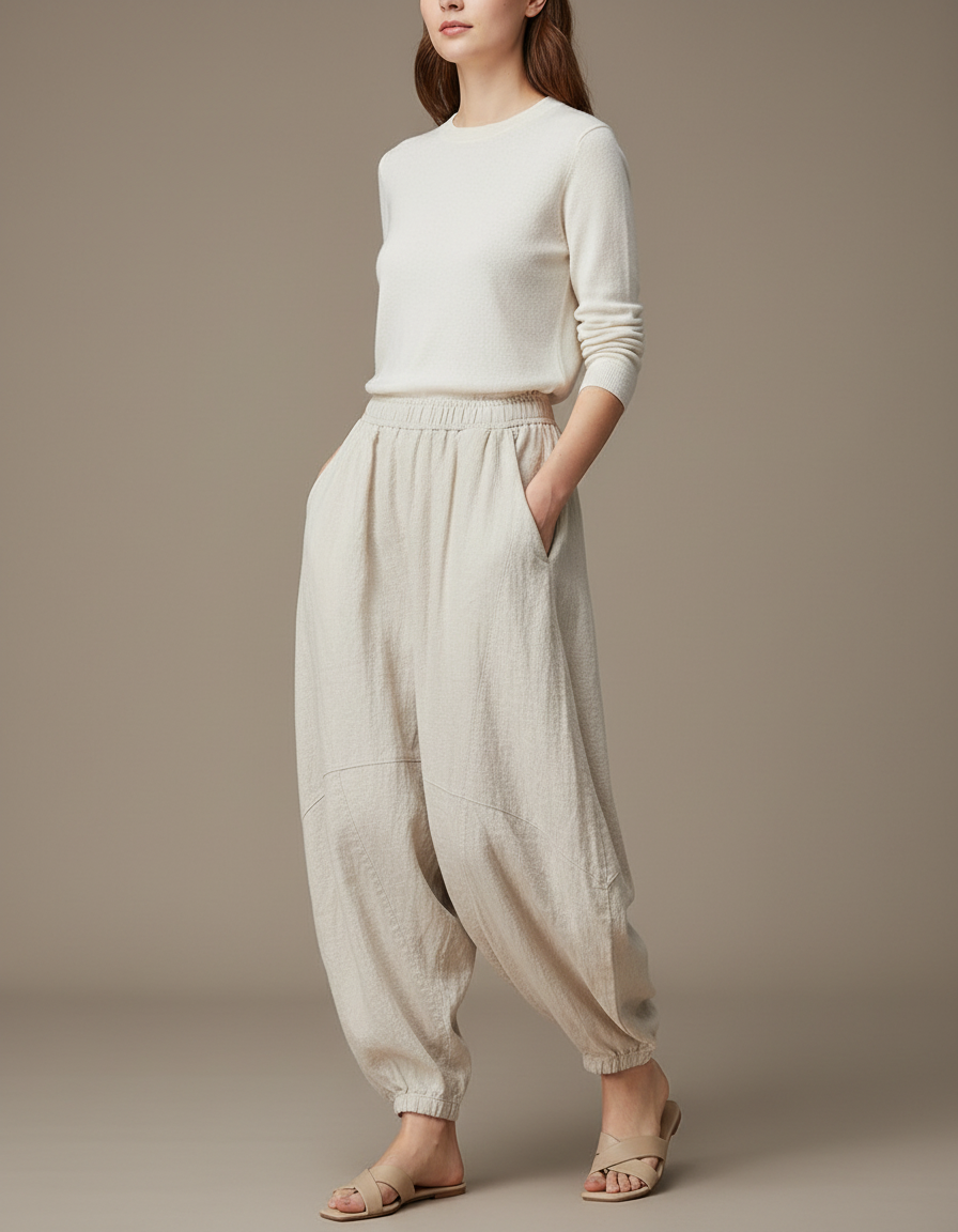 Pantalon Japonais Beige Ample Lin Décontracté Fluide