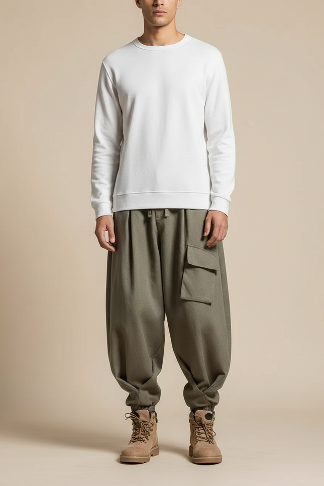 Pantalon Japonais Cargo Ample Vert Kaki Hiver - Molleton