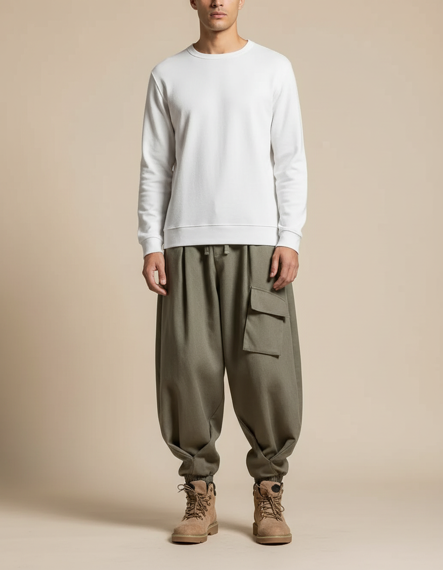 Pantalon Japonais Cargo Ample Vert Kaki Hiver - Molleton