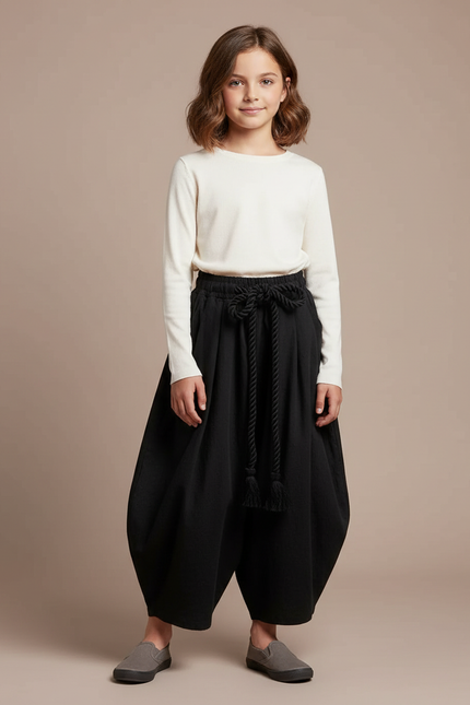 Pantalon Japonais Ample Noir Coton Ceinturé Enfant
