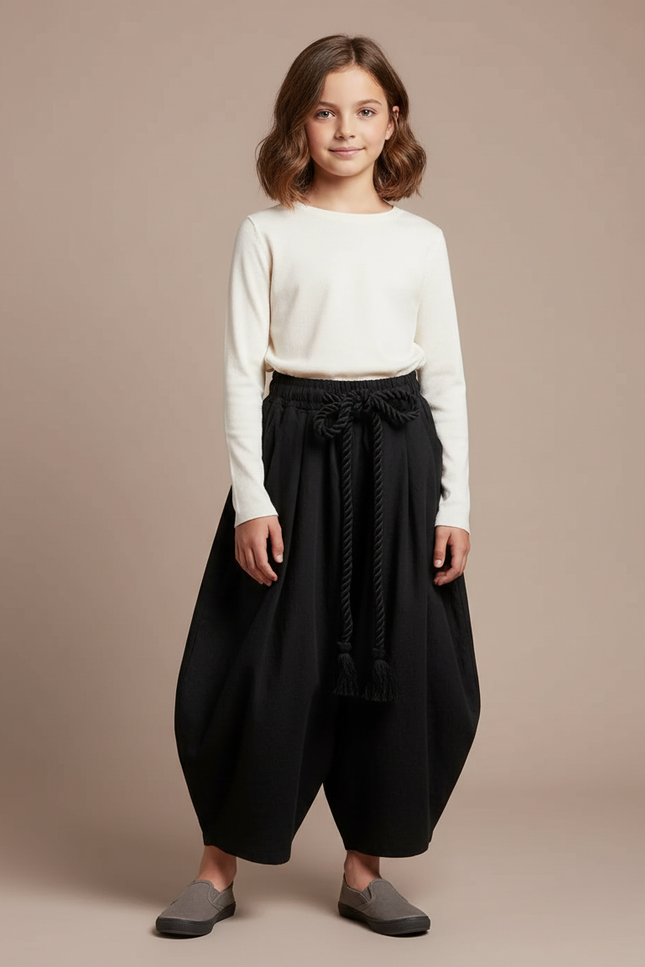 Pantalon Japonais Ample Noir Coton Ceinturé Enfant