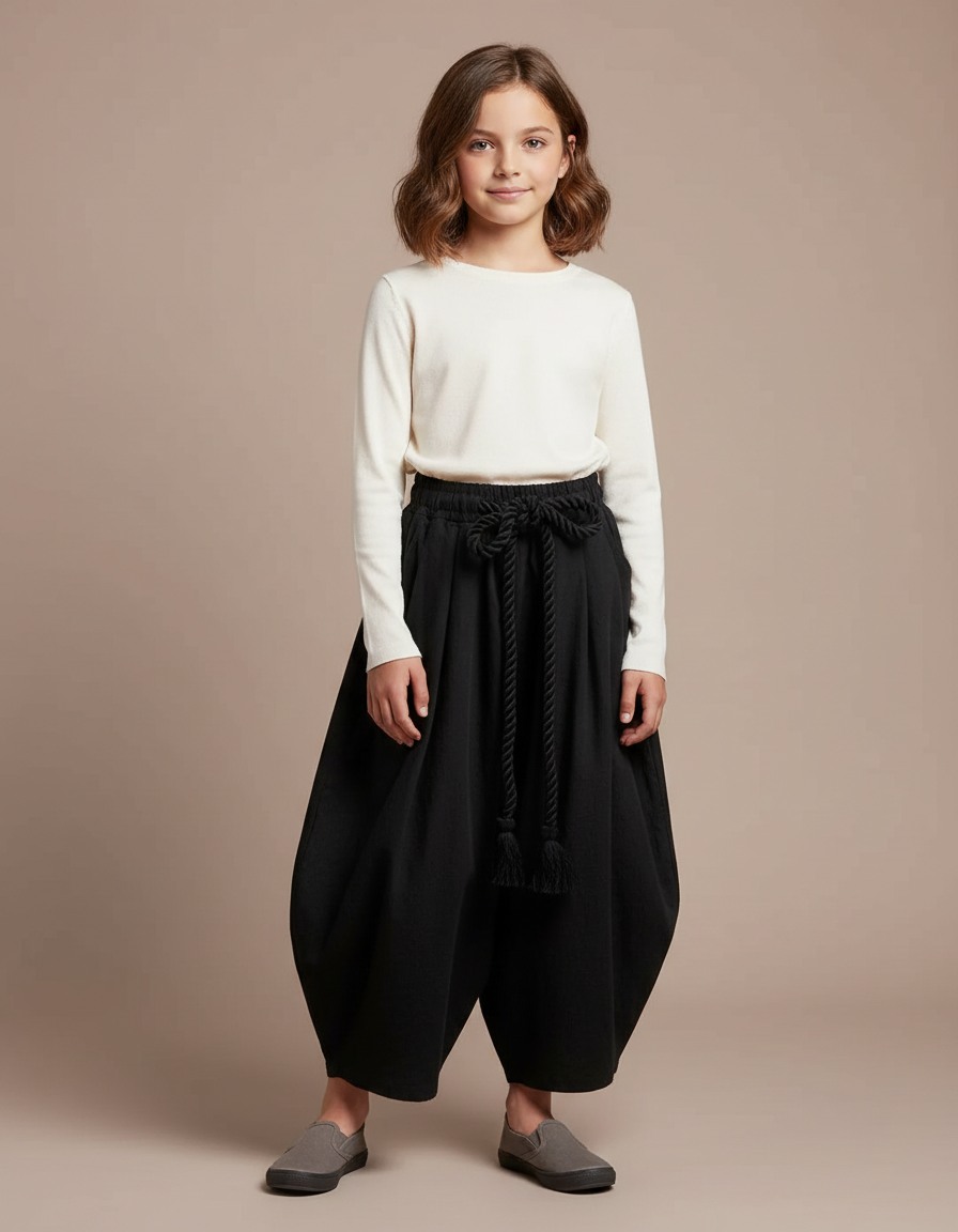 Pantalon Japonais Ample Noir Coton Ceinturé Enfant