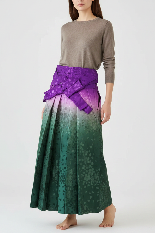 Pantalon Japonais Plissé Fleuri Ceinturé Ombré Élégant - Multicolore Satin