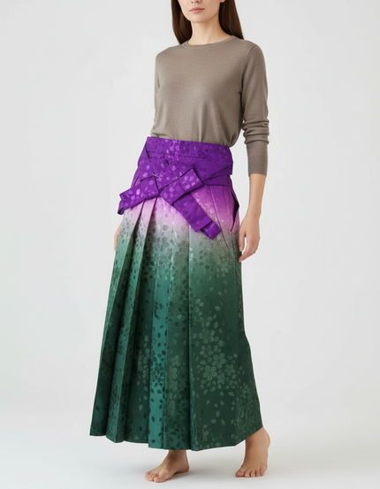 Pantalon Japonais Plissé Fleuri Ceinturé Ombré Élégant - Multicolore Satin