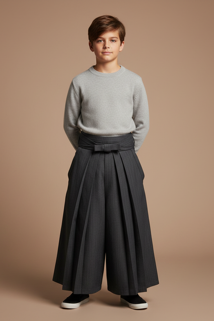 Pantalon Japonais Plissé Gris Ample Élégant Ceinturé - Laine
