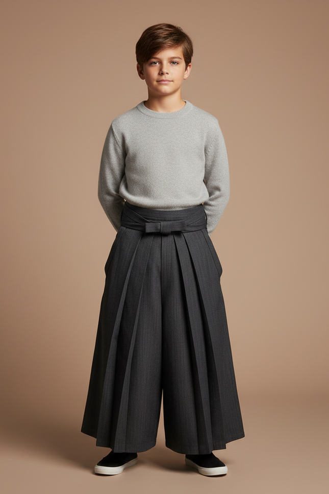 Pantalon Japonais Plissé Gris Ample Élégant Ceinturé - Laine