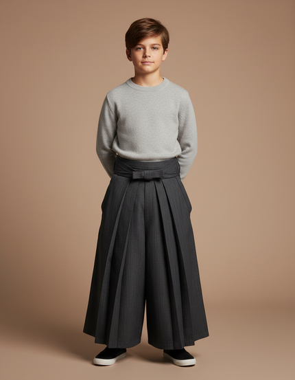 Pantalon Japonais Plissé Gris Ample Élégant Ceinturé - Laine