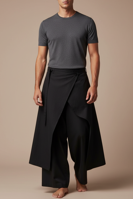 Pantalon Japonais Noir Ample Asymétrique Superposé Unisexe - Gabardine
