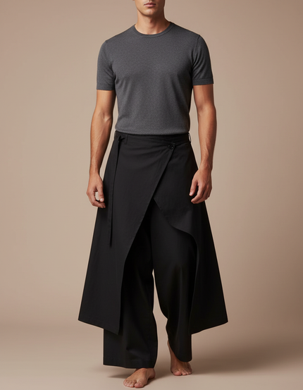 Pantalon Japonais Noir Ample Asymétrique Superposé Unisexe - Gabardine