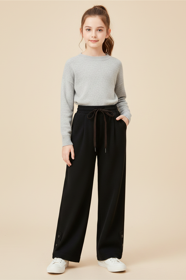 Pantalon Japonais Noir Côtelé Ample Décontracté Fille - Cordé