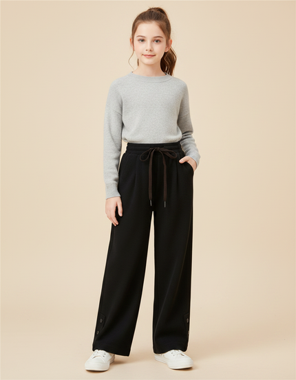 Pantalon Japonais Noir Côtelé Ample Décontracté Fille - Cordé