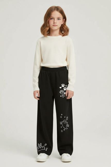 Pantalon Japonais Noir Ample Molleton Imprimé Fantômes Fille