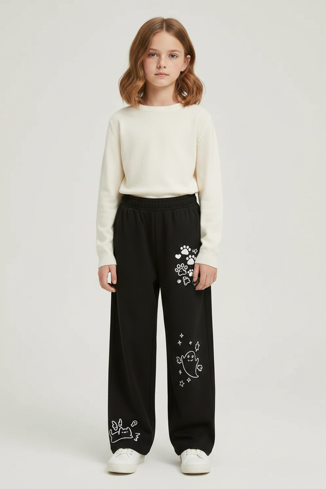 Pantalon Japonais Noir Ample Molleton Imprimé Fantômes Fille