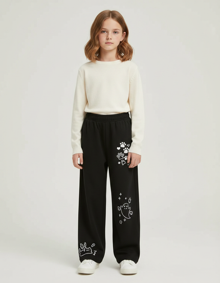 Pantalon Japonais Noir Ample Molleton Imprimé Fantômes Fille