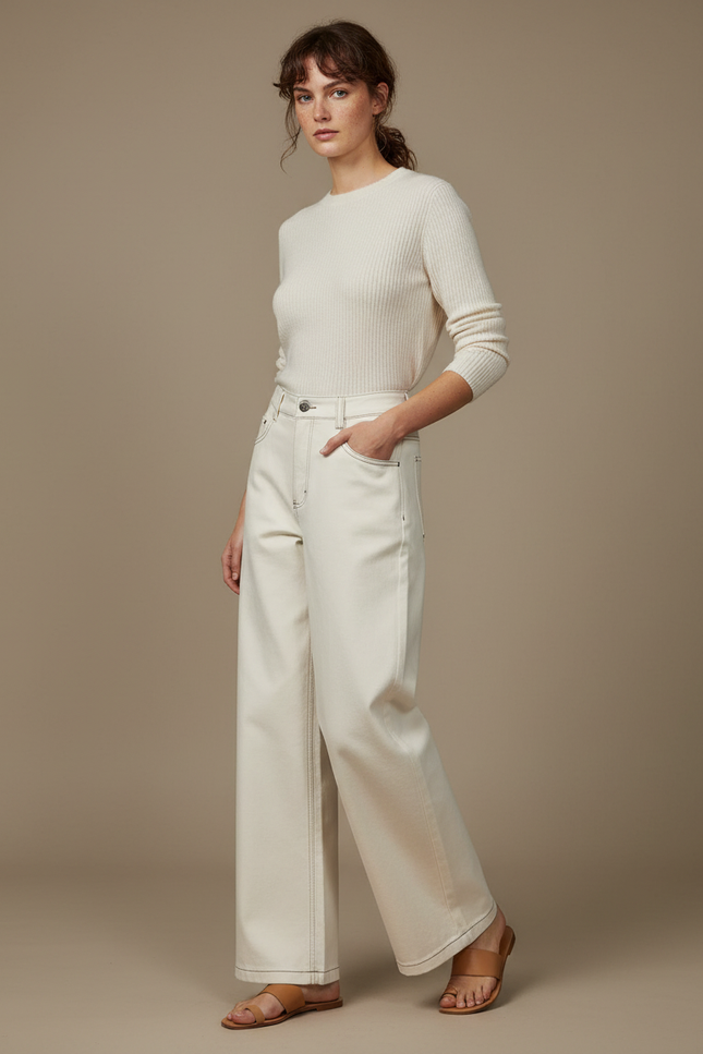 Pantalon Japonais Écru Ample Coton Femme Décontracté - Beige Jean