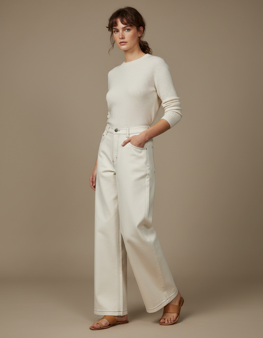 Pantalon Japonais Écru Ample Coton Femme Décontracté - Beige Jean