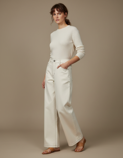 Pantalon Japonais Écru Ample Coton Femme Décontracté - Beige Jean
