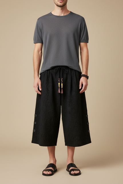 Pantalon Japonais Noir Lin Ample Boutons Décontracté