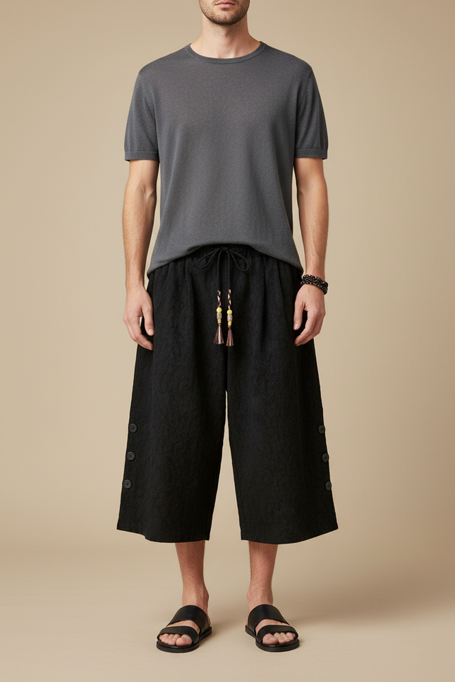 Pantalon Japonais Noir Lin Ample Boutons Décontracté