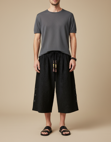 Pantalon Japonais Noir Lin Ample Boutons Décontracté