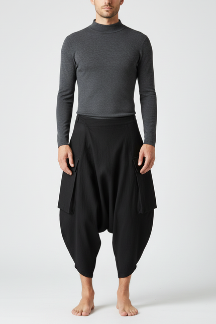 Pantalon Japonais Noir Sarouel Ample Cargo Homme Court - Toile