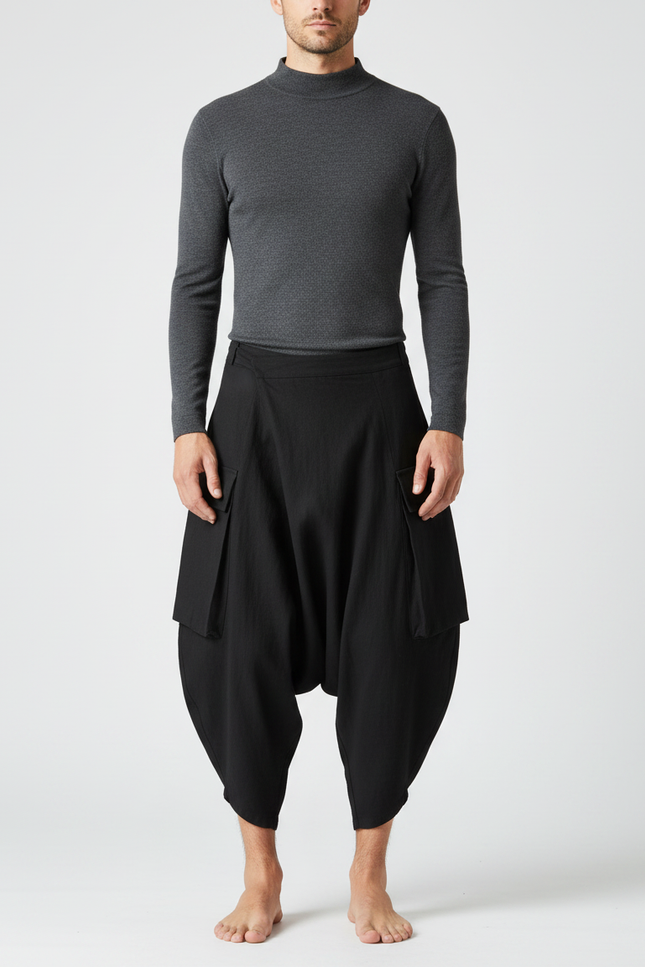 Pantalon Japonais Noir Sarouel Ample Cargo Homme Court - Toile