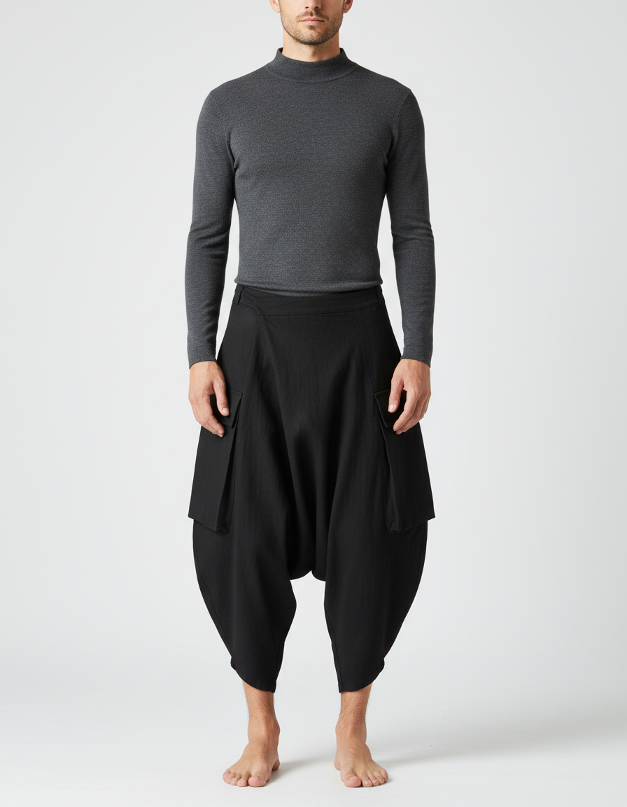 Pantalon Japonais Noir Sarouel Ample Cargo Homme Court - Toile
