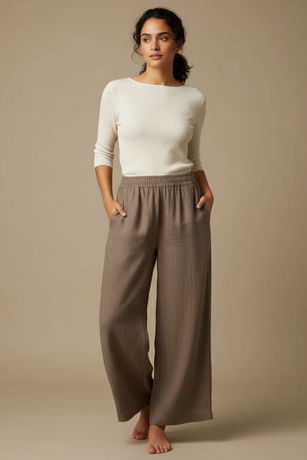 Pantalon Japonais Marron Ample Lin Fluide Décontracté