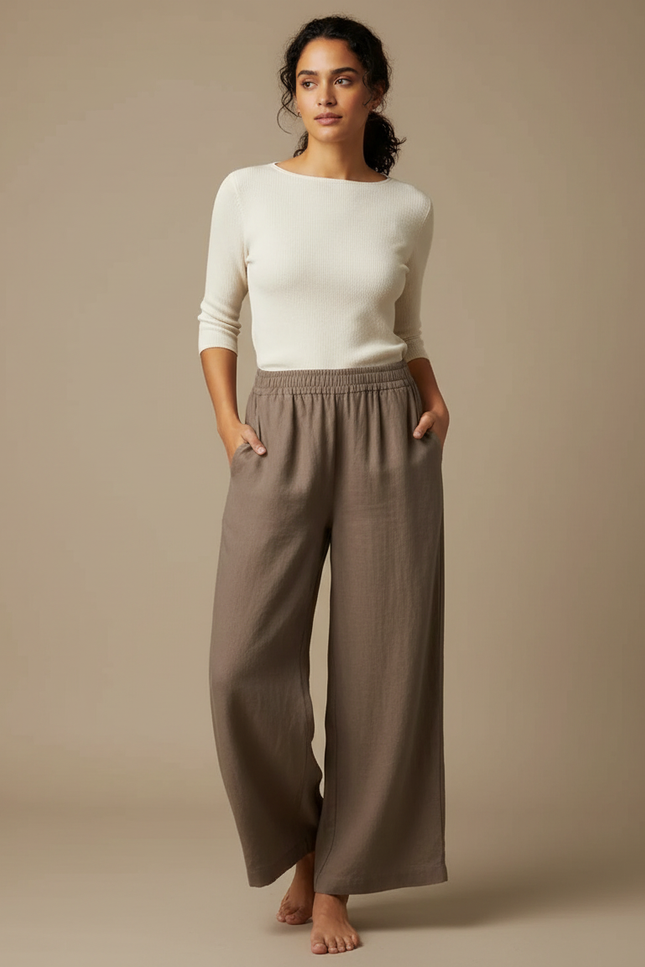 Pantalon Japonais Marron Ample Lin Fluide Décontracté