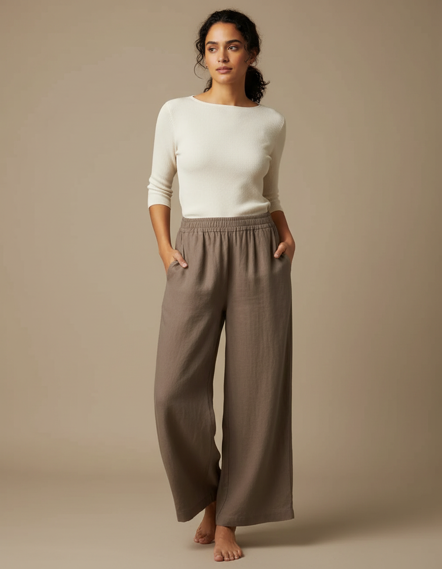 Pantalon Japonais Marron Ample Lin Fluide Décontracté