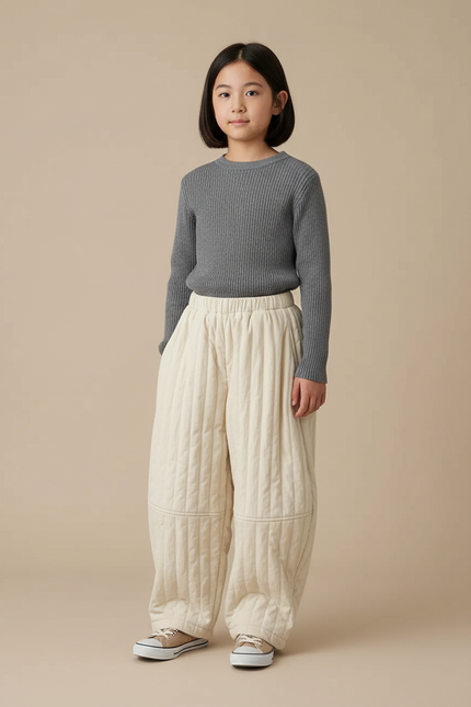Pantalon Japonais Matelassé Écru Ample Hiver Enfant - Beige Molleton