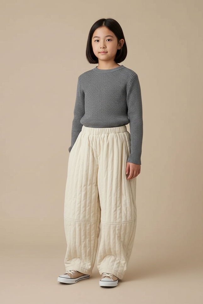 Pantalon Japonais Matelassé Écru Ample Hiver Enfant - Beige Molleton