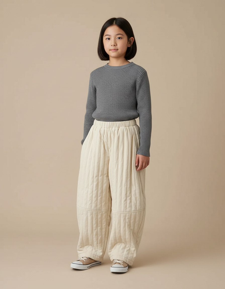 Pantalon Japonais Matelassé Écru Ample Hiver Enfant - Beige Molleton