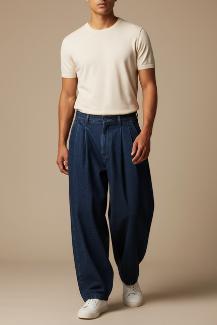 Pantalon Japonais Denim Ample Plissé Décontracté Homme - Marine Jean