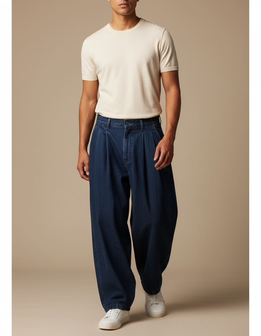 Pantalon Japonais Denim Ample Plissé Décontracté Homme - Marine Jean