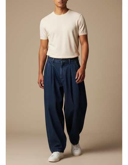 Pantalon Japonais Denim Ample Plissé Décontracté Homme - Marine Jean