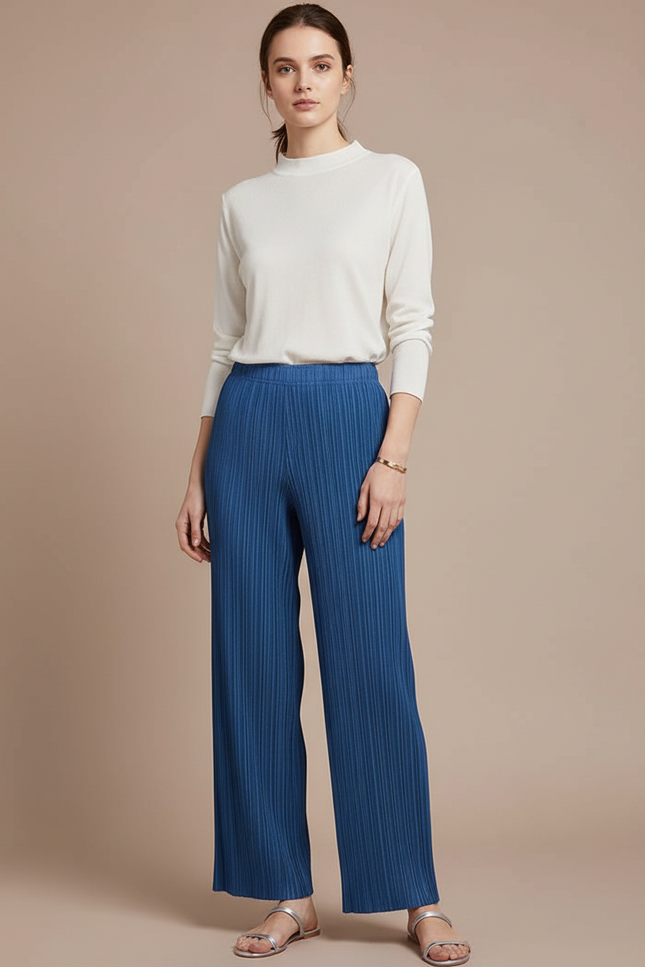 Pantalon Japonais Bleu Plissé Ample Fluide Élégant - Polyester