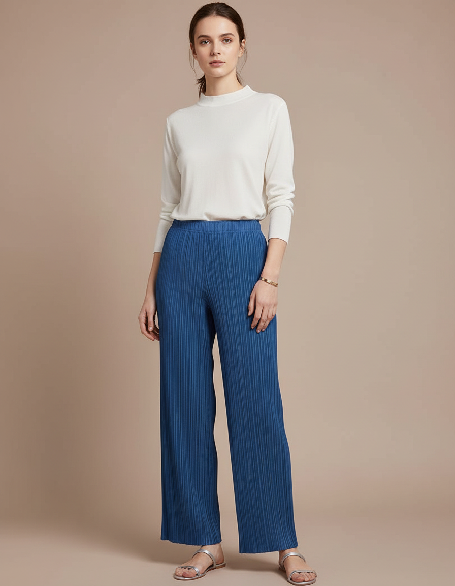 Pantalon Japonais Bleu Plissé Ample Fluide Élégant - Polyester
