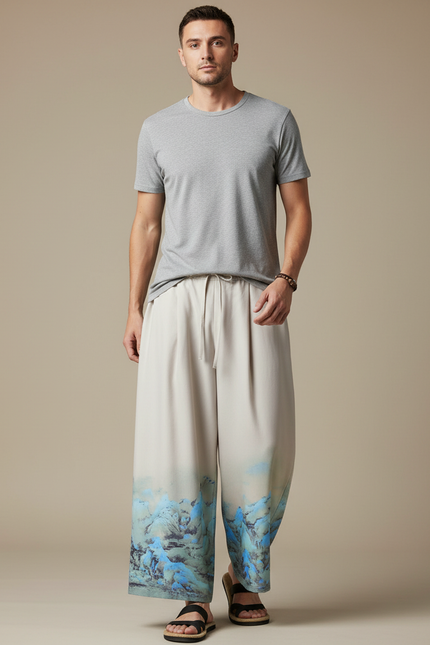 Pantalon Japonais Ample Beige Motif Montagne Décontracté - Viscose