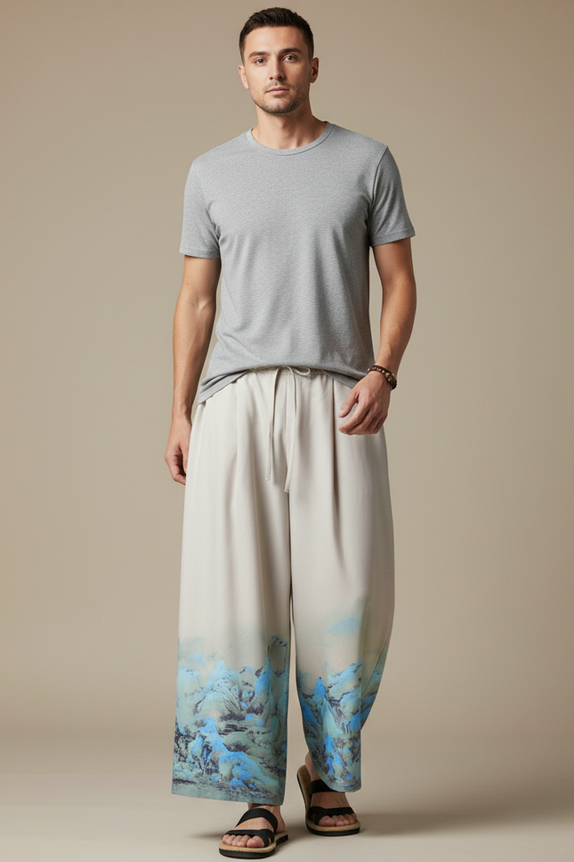 Pantalon Japonais Ample Beige Motif Montagne Décontracté - Viscose
