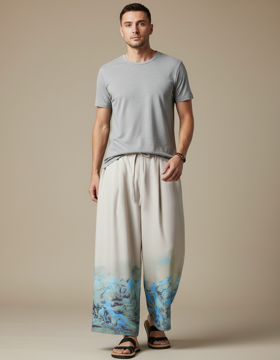Pantalon Japonais Ample Beige Motif Montagne Décontracté - Viscose