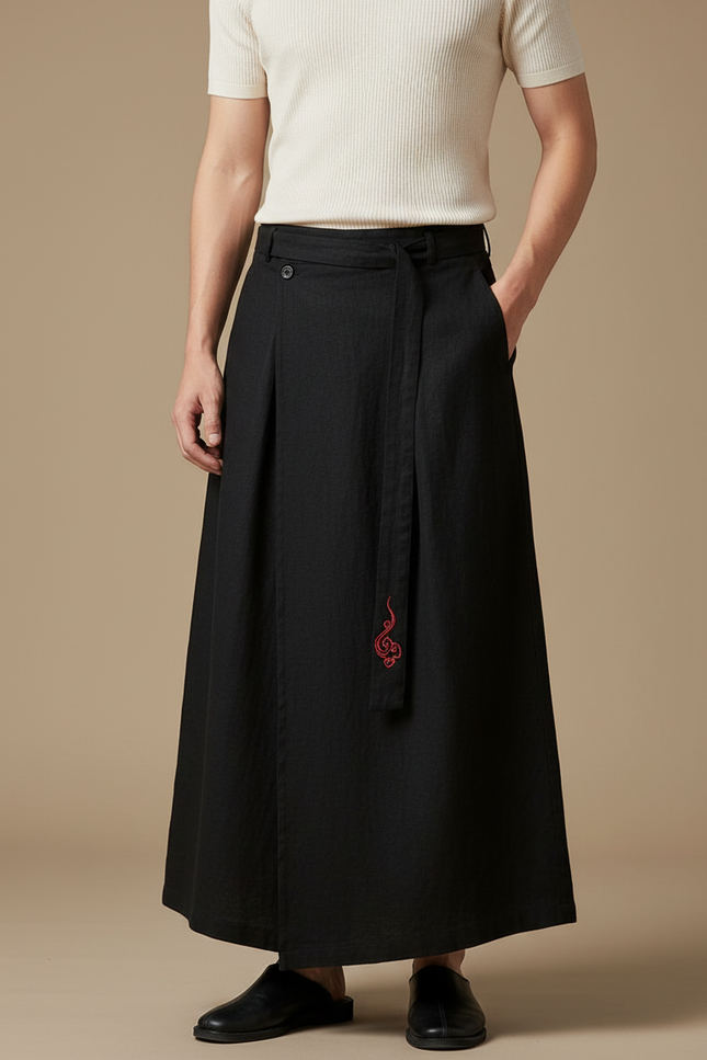 Pantalon Japonais Noir Fluide Ample Brodé Homme - Lin
