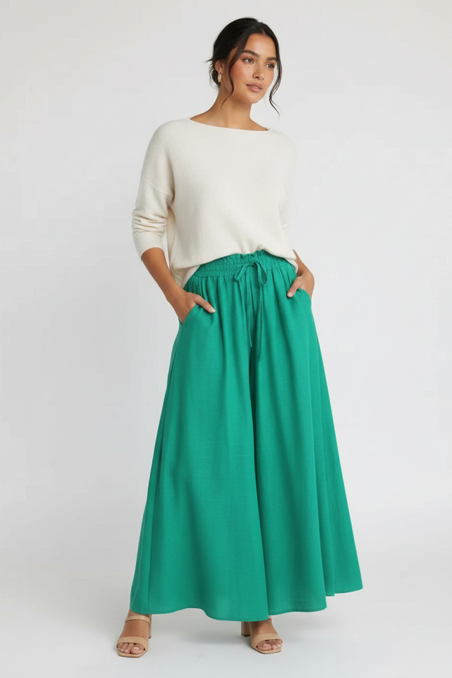 Pantalon Japonais Vert Ample Fluide Taille Élastique - Viscose