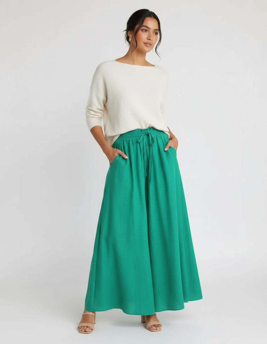 Pantalon Japonais Vert Ample Fluide Taille Élastique - Viscose