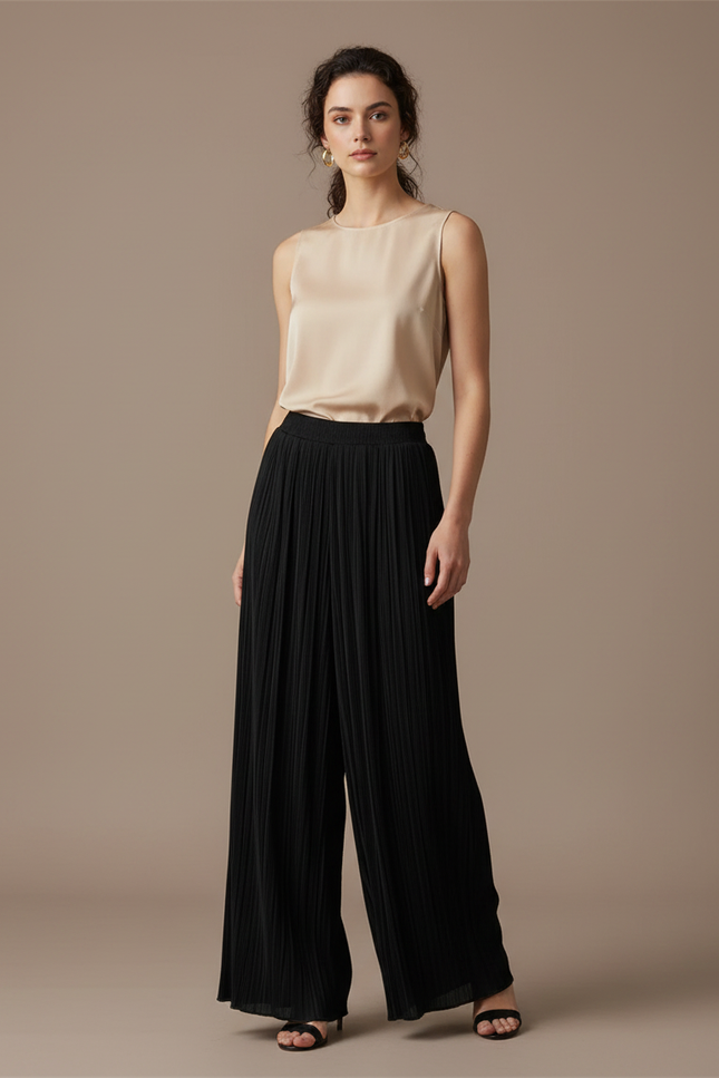 Pantalon Japonais Noir Plissé Ample Fluide Élégant - Polyester