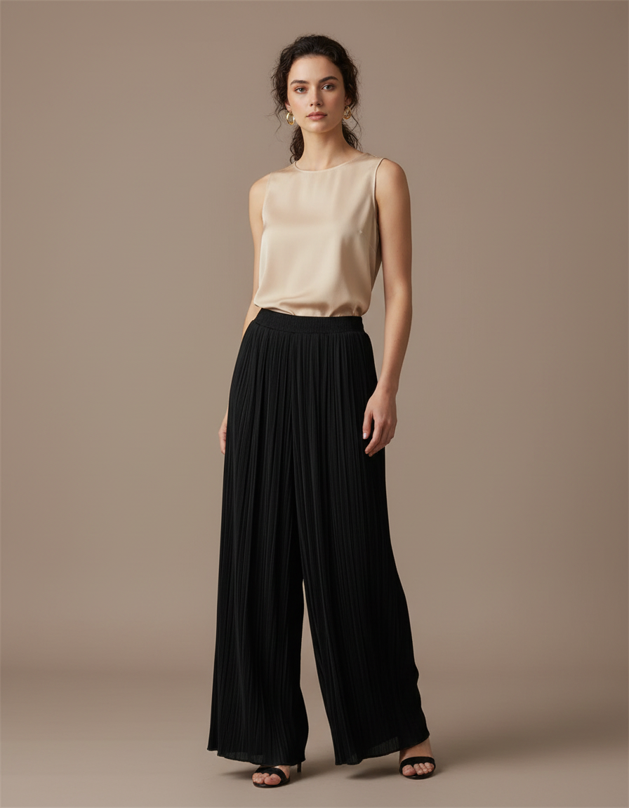 Pantalon Japonais Noir Plissé Ample Fluide Élégant - Polyester