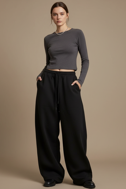 Pantalon Japonais Noir Large Cordon Confortable Sport - Molleton