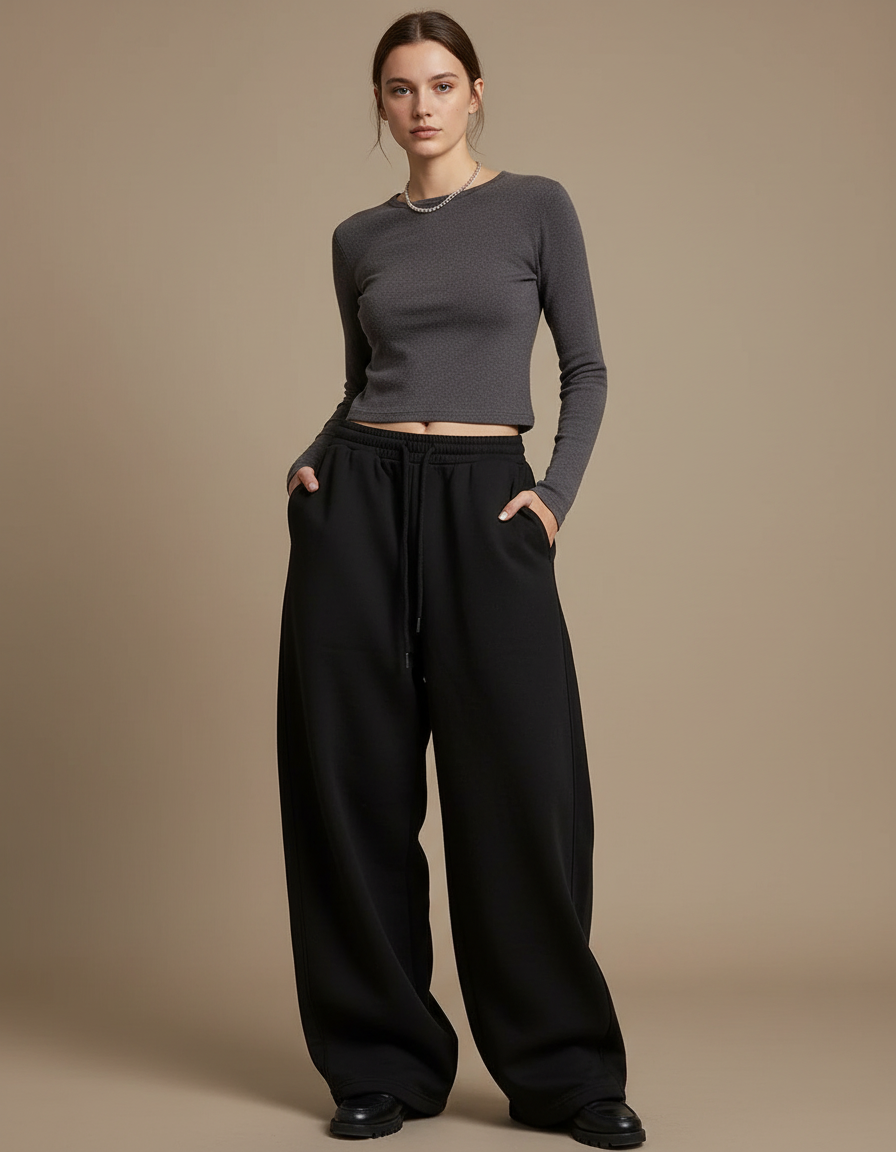 Pantalon Japonais Noir Large Cordon Confortable Sport - Molleton